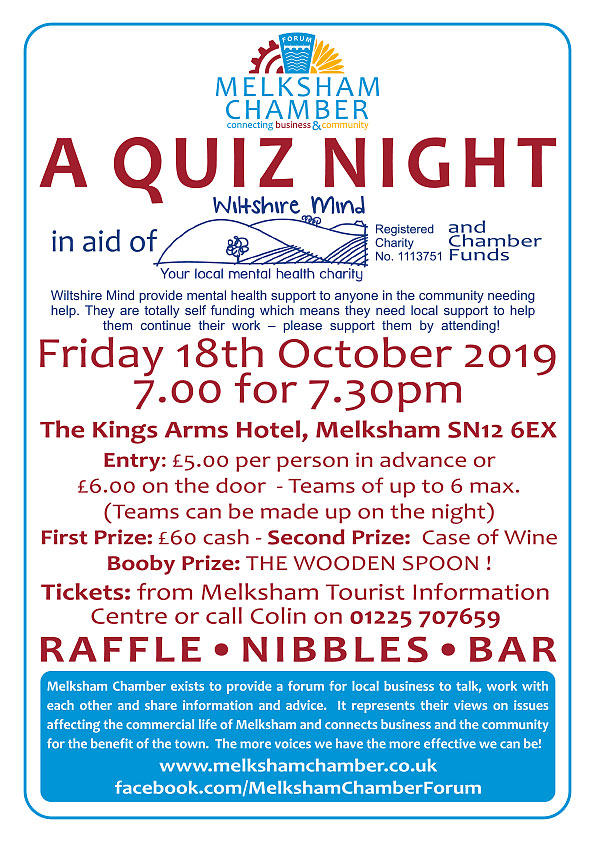 Melksham Chamber Quiz Night in aid of Wiltshire Mind and Chamber Funds Friday 18th October 2019 The Kings Arms 7.00 for 7.30